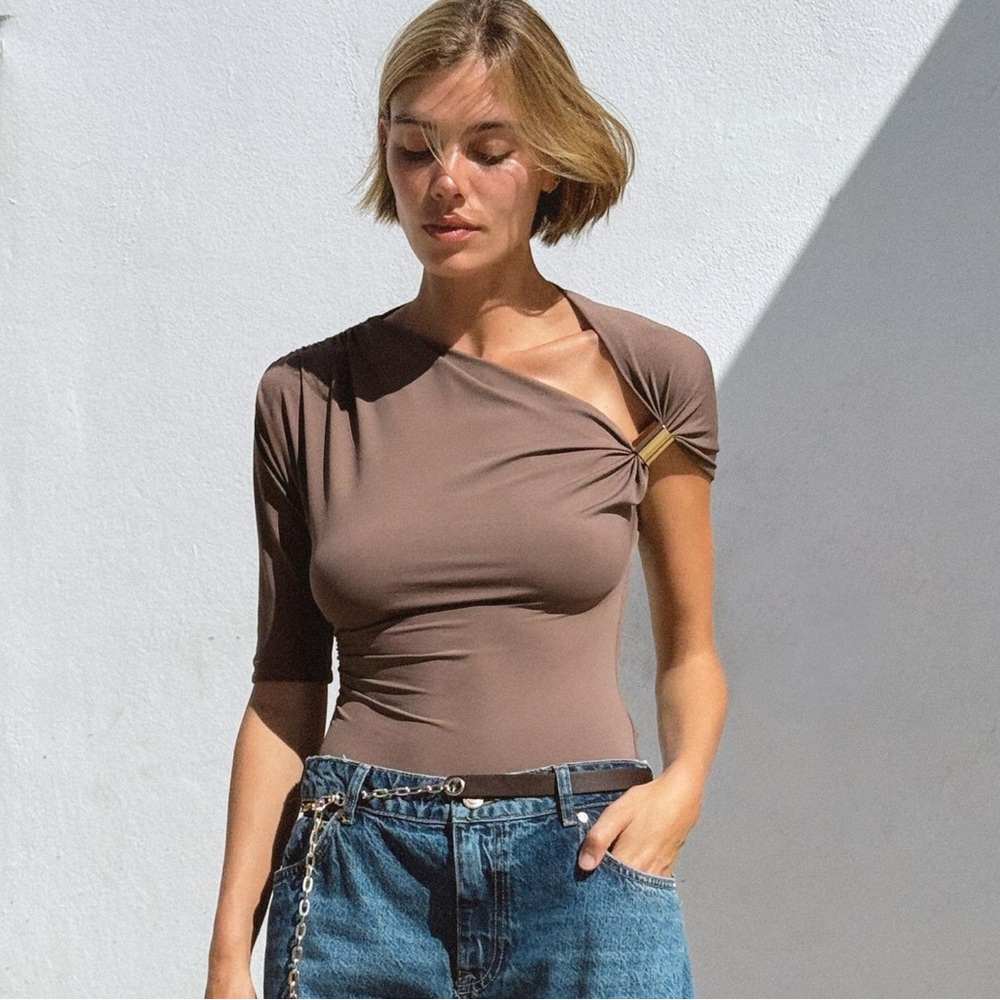 Zara Taupe Asymmetrical Top with Blue Denim